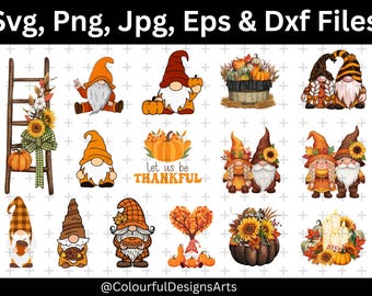 May include: A collection of fall-themed digital graphics featuring gnomes, pumpkins, sunflowers, and a wooden ladder. The graphics are in various styles, with the text "Let us be THANKFUL" and "Svg, Png, Jpg, Eps & Dxf Files".