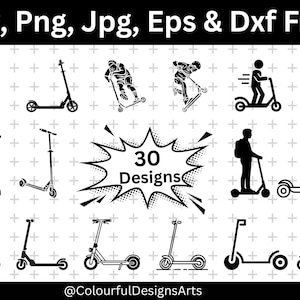 Puede incluir: Ilustraciones en blanco y negro de varios modelos de patinetes y personas usándolos. Incluye el texto "Svg, Png, Jpg, Eps & Dxf Files" y "30 Designs". También incluye el texto "@ColourfulDesignsArts".