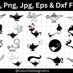 May include: A collection of genie lamp designs in SVG, PNG, JPG, EPS, and DXF file formats. The lamps are depicted in various styles, including silhouettes and detailed line art. The image includes the text "Svg, Png, Jpg, Eps & Dxf Files" and the Instagram handle "@ColourfulDesignsArts".