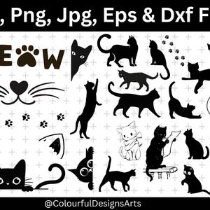 Op de afbeelding: Zwarte kat silhouetten en kat-thema graphics. Bevat het woord "MEOW" met een pootafdruk, kattengezichten, pootafdrukken en verschillende kattenposes. De afbeelding bevat ook de tekst "Svg, Png, Jpg, Eps & Dxf Files" en het @ColourfulDesignsArts watermerk.