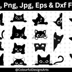 May include: A collection of black cat illustrations in various poses, peeking over edges and corners. The image includes the text "Svg, Png, Jpg, Eps & Dxf Files" at the top and "@ColourfulDesignsArts" at the bottom. The cats have different expressions and body positions.
