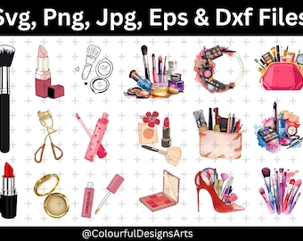 May include: A collection of makeup illustrations, including brushes, lipsticks, eye shadow palettes, and a high-heeled shoe filled with cosmetics. The image includes the text "Svg, Png, Jpg, Eps & Dxf Files" and the @ColourfulDesignsArts logo.