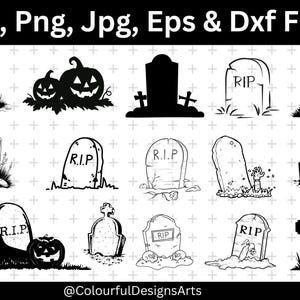 May include: A collection of black and white Halloween-themed graphics, including tombstones, pumpkins, and crosses. The designs vary in style, from detailed line art to silhouettes, suitable for digital crafting projects. The text "Svg, Png, Jpg, Eps & Dxf Files" is at the top.