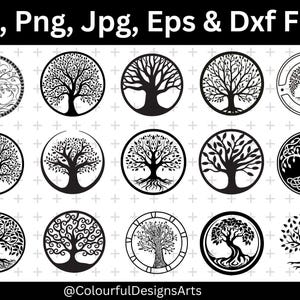 Puede incluir: Una colección de diseños de árbol de la vida en blanco y negro dentro de marcos circulares. La imagen incluye varias ilustraciones de árboles, con detalles intrincados en las ramas y raíces. El texto superior dice "Svg, Png, Jpg, Eps & Dxf Files".