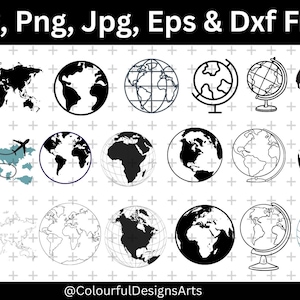 Könnte beinhalten: Eine Sammlung von Globus- und Weltkarten-Designs in Schwarz und Weiß, einschließlich Voll- und Umrissversionen. Das Bild enthält den Text "Svg, Png, Jpg, Eps & Dxf Files" und den Instagram-Handle "@ColourfulDesignsArts".