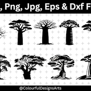 Puede incluir: Una colección de siluetas negras de árboles en varios estilos, incluyendo árboles desnudos y baobabs. La imagen incluye el texto "Svg, Png, Jpg, Eps & Dxf Files" y la marca de agua @ColourfulDesignsArts.