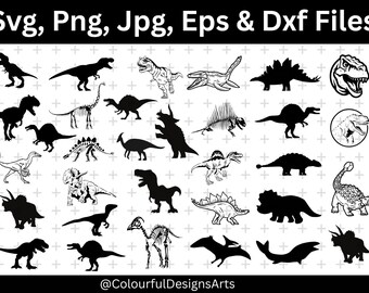 May include: A collection of dinosaur illustrations in black and white, including silhouettes and detailed drawings. The image features various species, with the text "Svg, Png, Jpg, Eps & Dxf Files" at the top and "@ColourfulDesignsArts" at the bottom.