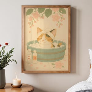 Calico Kitten with Cherry Blossoms, Japanese Bath Wall Art, Cute Spa Cat Poster, Japandi Kawaii Digital Print