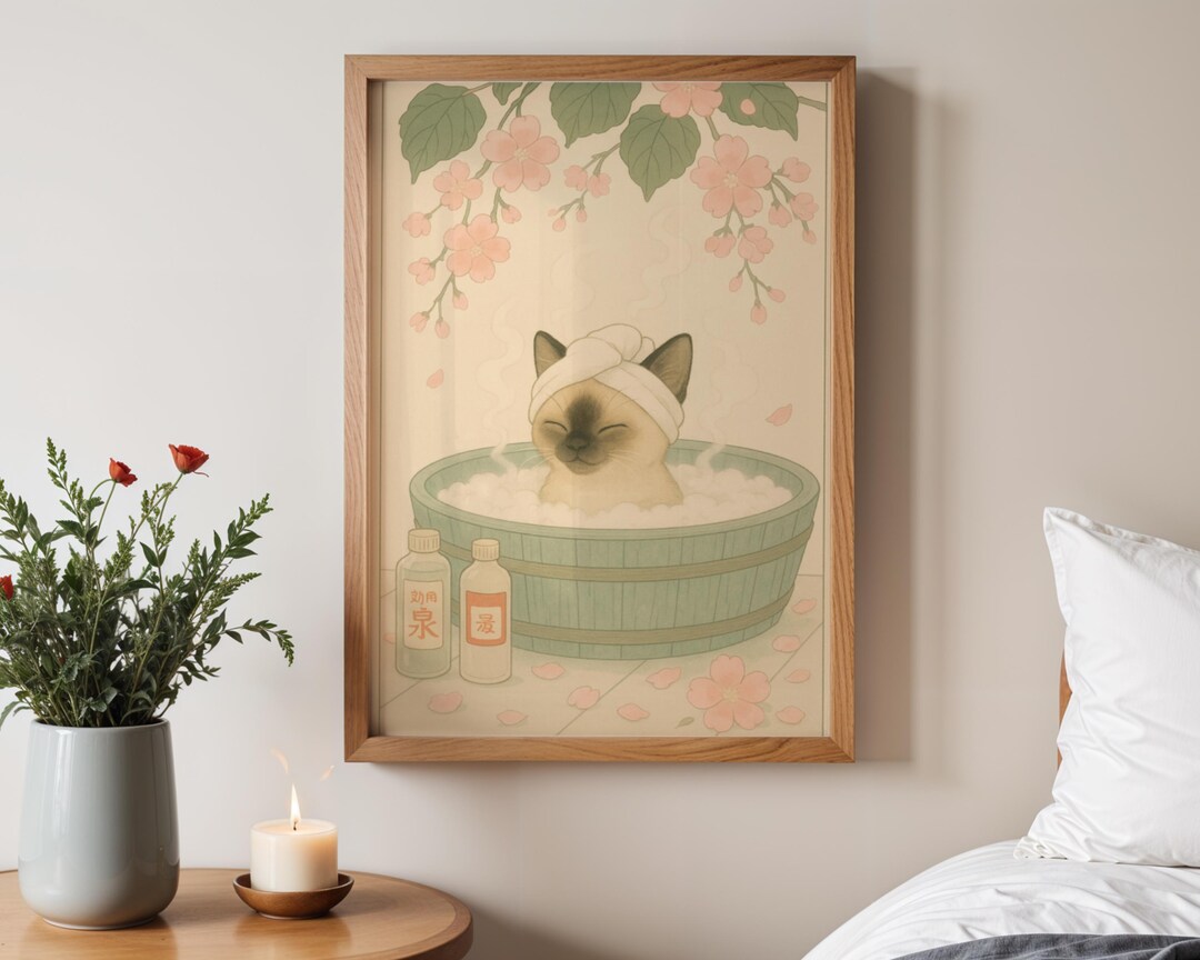Siamese Kitten Onsen Art, Japanese Bathroom Print, Kawaii Baby Cat ...