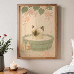 Arte de onsen con gatito siamés, impresión de baño japonés, póster de gato bebé kawaii, decoración digital de pared para guardería japonesa
