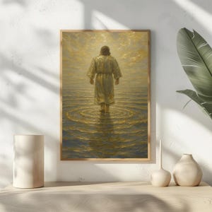 Golden Jesus Walking on Water Print, Christian Digital Wall Art, Glowing LDS Decor, Bible Verse Spiritual Poster
