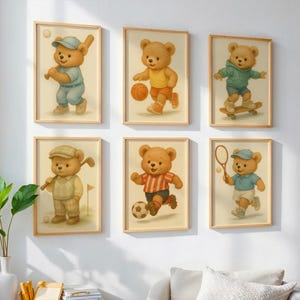 Set of 6 Sports Teddy Bear Prints, Vintage Nursery Wall Art for Boys, Watercolor Animal Posters, Baby Shower Gift, Digital Download