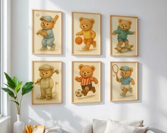Set of 6 Sports Teddy Bear Prints, Vintage Nursery Wall Art for Boys, Watercolor Animal Posters, Baby Shower Gift, Digital Download