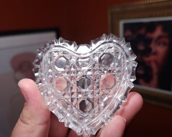 Vintage Cut Glass Heart Trinket Box – Clear Crystal Jewelry Dish – Romantic Home Decor