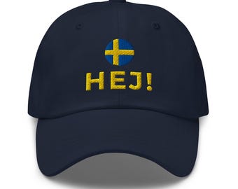HEJ! HAT: Swedish Baseball Cap, Embroidered Sweden Flag, Scandinavian Gift