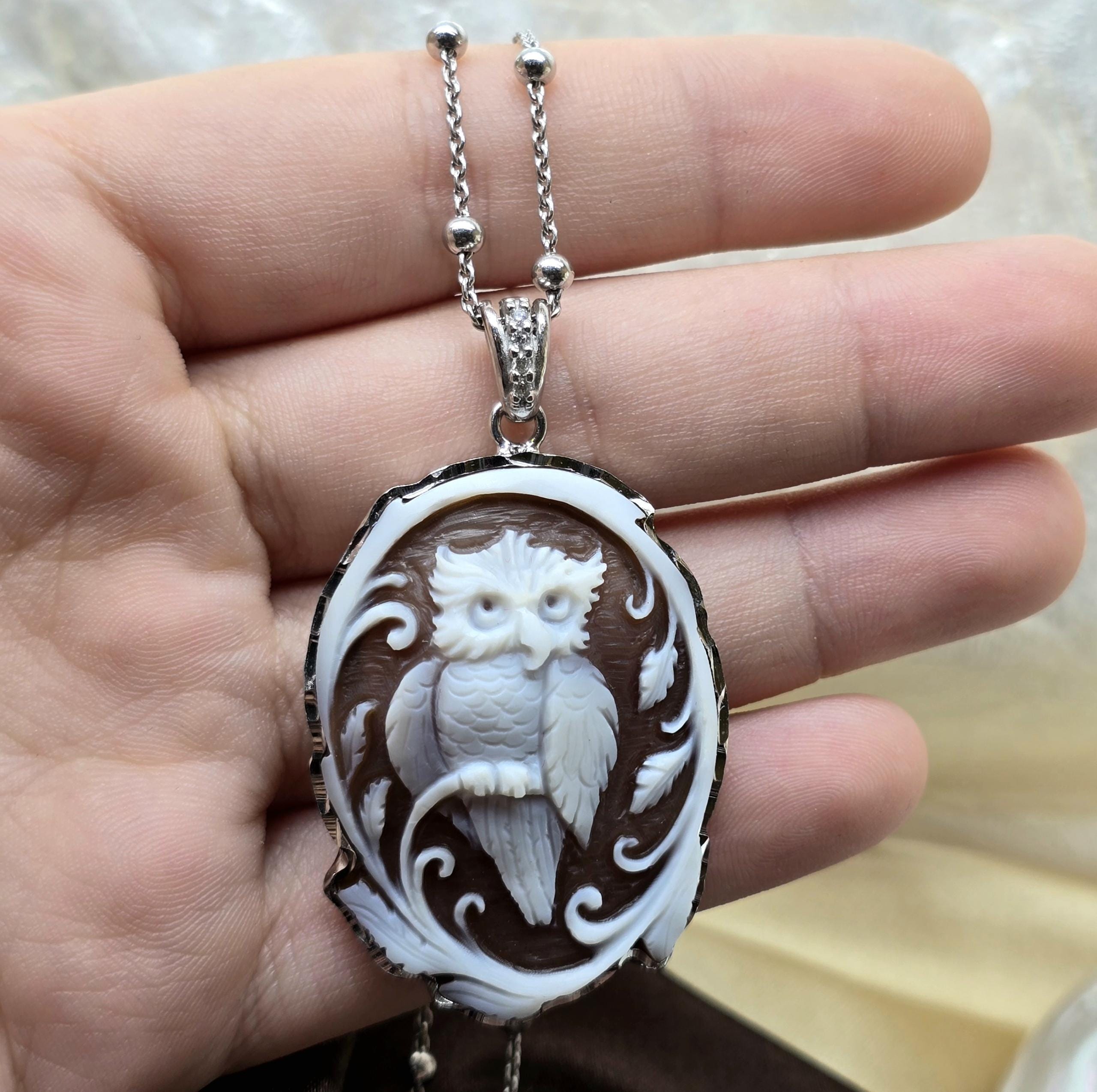 Owl Cameo Necklace: Hand-Carved Sardonyx Shell, Sterling Silver 925 Bead Chain