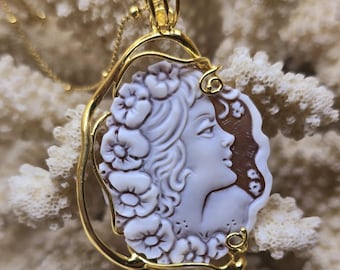 Hand-Carved Shell Cameo Pendant: Gold-Plated Sterling Silver Necklace
