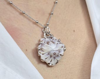 Cameo Flower Necklace: Hand Carved Shell Pendant in Rhodium Silver, Italian Artisan Jewelry