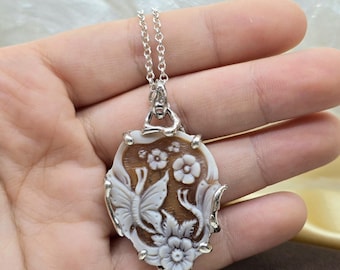 Floral Cameo Necklace: Hand Carved Butterfly Shell Pendant in Gold Plated Sterling Silver, Italian Artisan Jewelry, Elegant Gift for Her