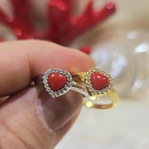 Red Coral Heart Ring – Adjustable Sterling Silver Ring with Zircons – Handmade Romantic Jewelry Gift for Her – Coral Gemstone Statement Ring