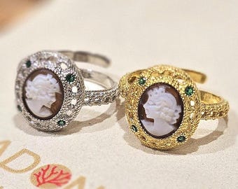 Handmade Shell Cameo Ring, Green Zircon, Sterling Silver, Victorian Style