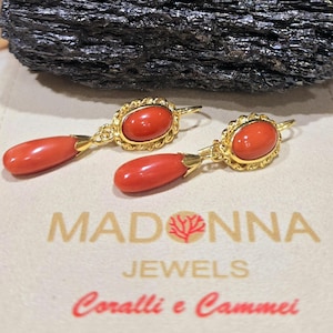 Red Coral Dangle Earrings Gold – Italian Handmade Jewelry, 925 Silver Leverback, Mediterranean Drop Earrings, Gift For Her Elegant Style