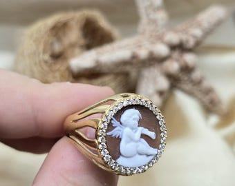 Artisan Silver Ring: Hand-Carved Angel Cameo, Gold Plated 925 Adjustable Band, Italian Handmade Jewelry, Christmas Gift