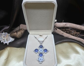 Handmade Sterling Silver Cross Necklace: Floral Cameo & Green Cubic Zirconia