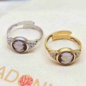 Cameo Ring Adjustable Sterling Silver 925 or Gold Plated, Handmade Shell Jewelry with Zircons, Victorian Style Gift for Her