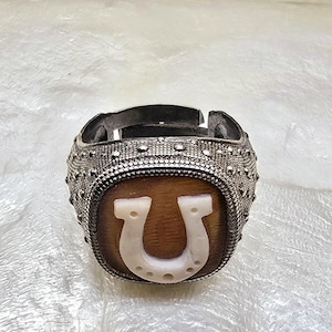 May include: A silver-toned ring with a horseshoe design. The ring features a rectangular face with a brown background and a white horseshoe. The band is textured with small, raised dots.