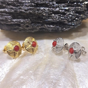 Red Coral Earrings, Coral Stud Earrings, Mediterranean Style, S925 Sterling Silver, Present Idea For Wife, Handmade Jewelry, Diy Gift Ideas