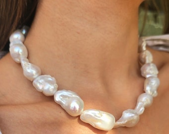 Collar de perlas barrocas, gargantilla de perlas gigantes con forma de bola de llama, cierre de plata de ley