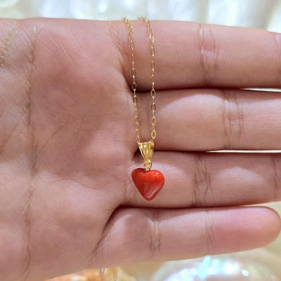 Red Heart Necklace, Heart Shaped Gold Pendant, 18 kt Gold Chain, Gemstone Red Coral, Natural Coral, Birthday Gift For Gf