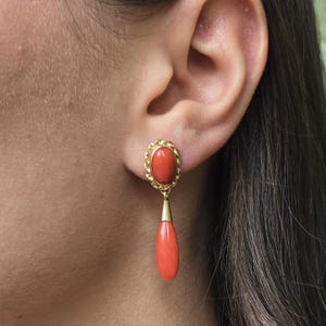 Red Coral Drop Earrings – Handmade Gold Plated Silver 925 Jewelry, Mediterranean Cabochon Teardrop Design, Luxury Gift for Women or Mom