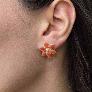 Red Coral Flower Earrings, Sterling Silver or Gold Plated Studs, Handmade Italian Jewelry, Floral Gift for Women, Elegant Anniversary Idea