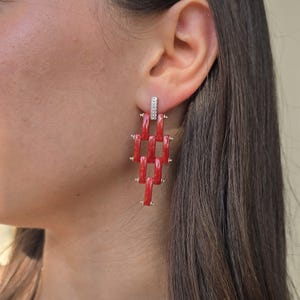 Handmade Red Coral Dangle Earrings in Rhodium 925 Silver – Genuine Mediterranean Coral Jewelry, Elegant Gift for Women, Italian Design