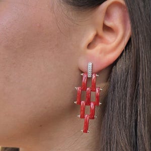 Red Coral Drop Earrings Silver, Handmade Mediterranean Jewelry, Rhodium 925 Earrings for Women, Italian Artisan Gift for Her