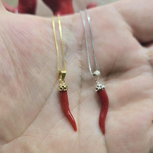 Könnte beinhalten: Zwei Halsketten mit roten Hornanhängern. Eine Halskette hat eine goldene Kette und eine goldfarbene Anhänger-Kappe. Die andere Halskette hat eine silberne Kette und eine silberfarbene Anhänger-Kappe. Die Anhänger sind leuchtend rot.