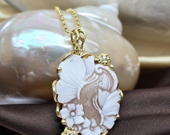 Butterfly Cameo Necklace: Floral Shell Pendant in Gold Plated 925 Silver, Italian Handmade Jewelry, Romantic Gift for Her, Artisan Cameo