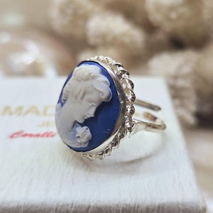 Blue Agate Cameo Ring in 925 Silver – Handmade Victorian Jewelry for Women – Adjustable Statement Ring Made in Italy