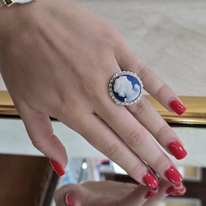 Victorian Cameo Ring Blue Agate, Adjustable 925 Silver Ring, Handmade Jewelry for Women, Statement Ring, Made in Italy Gift