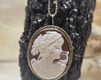 Hand-Carved Shell Cameo Necklace: 925 Silver Italian Vintage Pendant