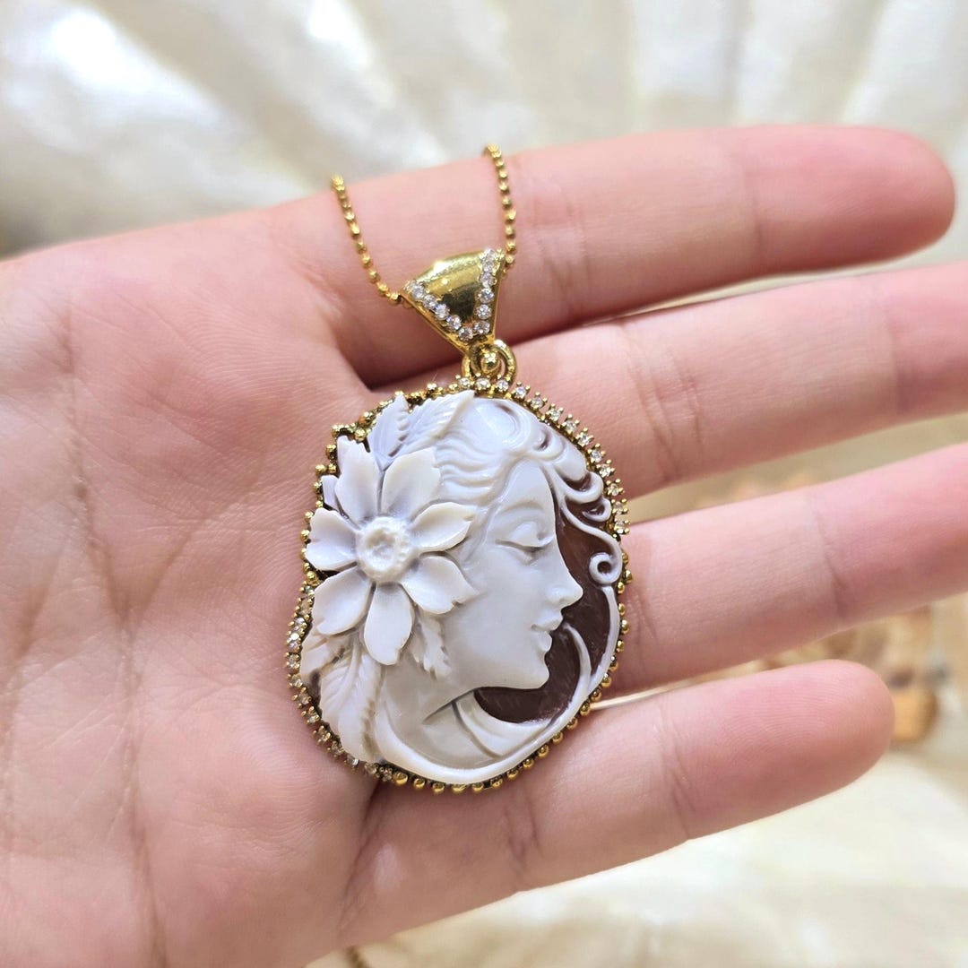 Gold Plated Cameo Necklace: Hand-carved Shell, 925 Sterling Silver