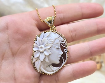 Gold Plated Cameo Necklace: Hand-Carved Shell, 925 Sterling Silver, Italian Jewelry