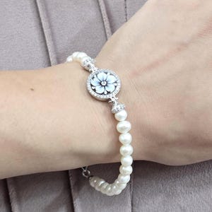 Elegant Pearl Bracelet Silver 925 – Sardonic Cameo Lotus Flower With Zircon, Italian Handmade Jewelry