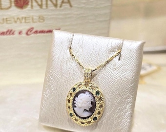 Handmade Shell Cameo Necklace: Sterling Silver Noblewoman Pendant