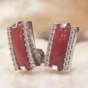 Handmade Red Coral Bar Earrings, Sterling Silver 925 Rhodium or Gold-Plated, Mediterranean Coral Dangle Statement Jewelry Gift for Women