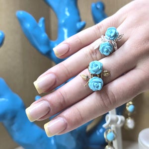 Turquoise Flower Ring Silver or Gold – Hand Carved Rose Jewelry, Boho Anniversary Ring, Statement Gift for Wife, Birthday Present for Her
