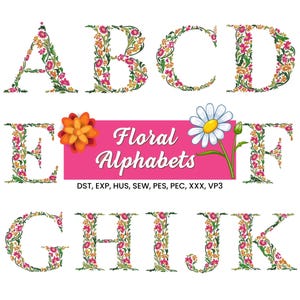 Bordado de fuentes florales, diseños de bordado a máquina con alfabetos florales de la A a la Z, alfabetos florales de todo tipo, 2 tamaños florales, descarga instantánea
