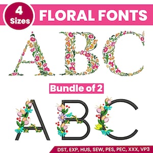 Floral Font Embroidery, A-Z Flower Alphabet Machine Embroidery Designs, All Machine Types Floral Alphabets, 4 Best Sizes, Instant Download